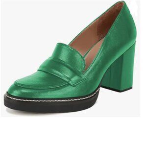 YDN Forest Green Penny Loafers Round Toe Pumps Platform Chunky Heel Shoe
